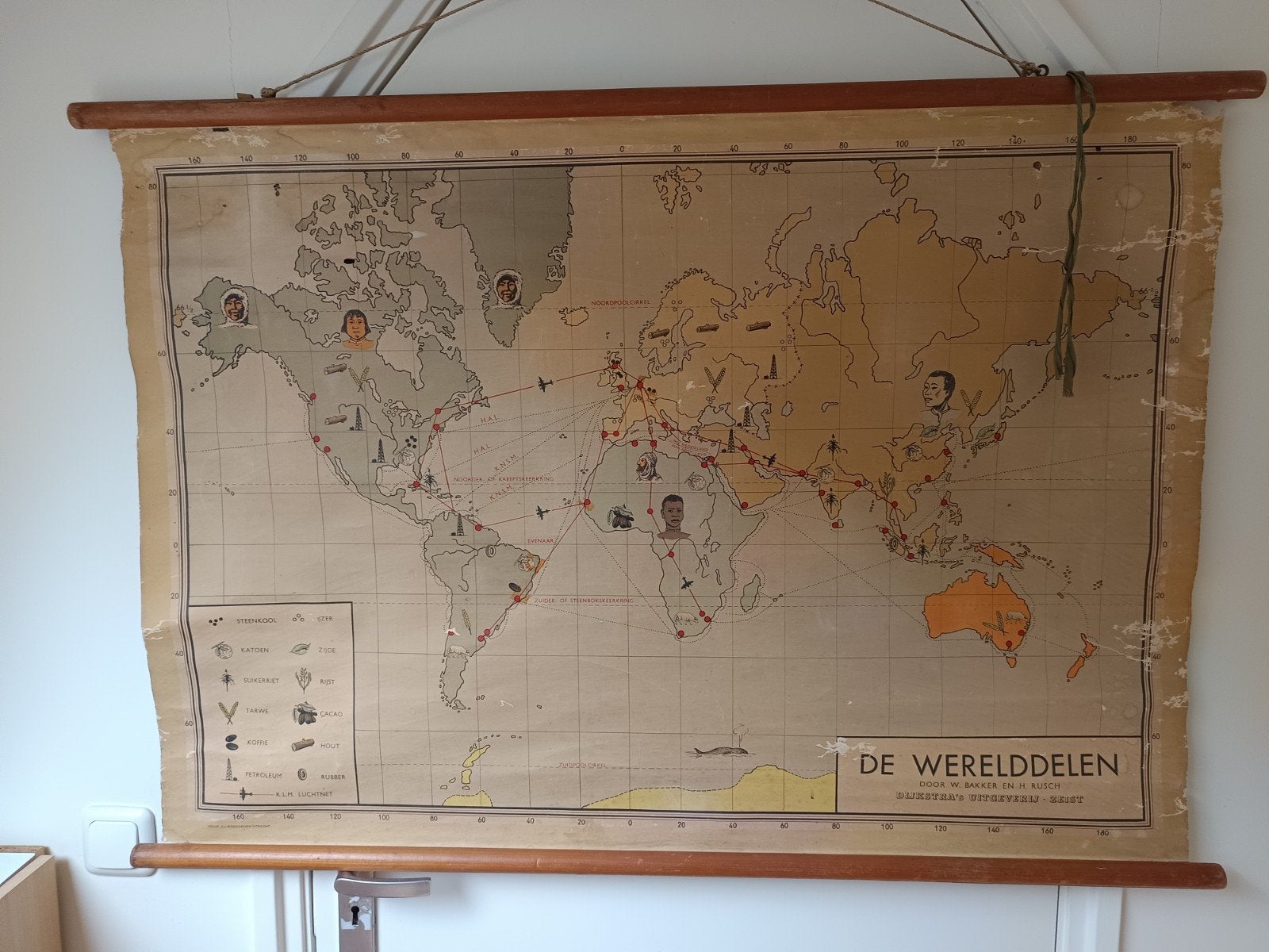 Vintage Wereldkaart 'De Werelddelen' Schoolplaat, Ophalen of Verzenden