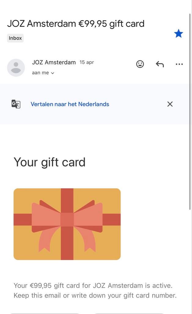 Gift card van JOZ Amsterdam, Eén persoon, Cadeaubon