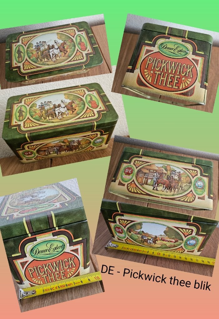 Douwe Egberts Pickwick theeblik '75 -9x18x10,5 gave vintage!, Ophalen of Verzenden, Zo goed als nieuw, Thee, Douwe Egberts