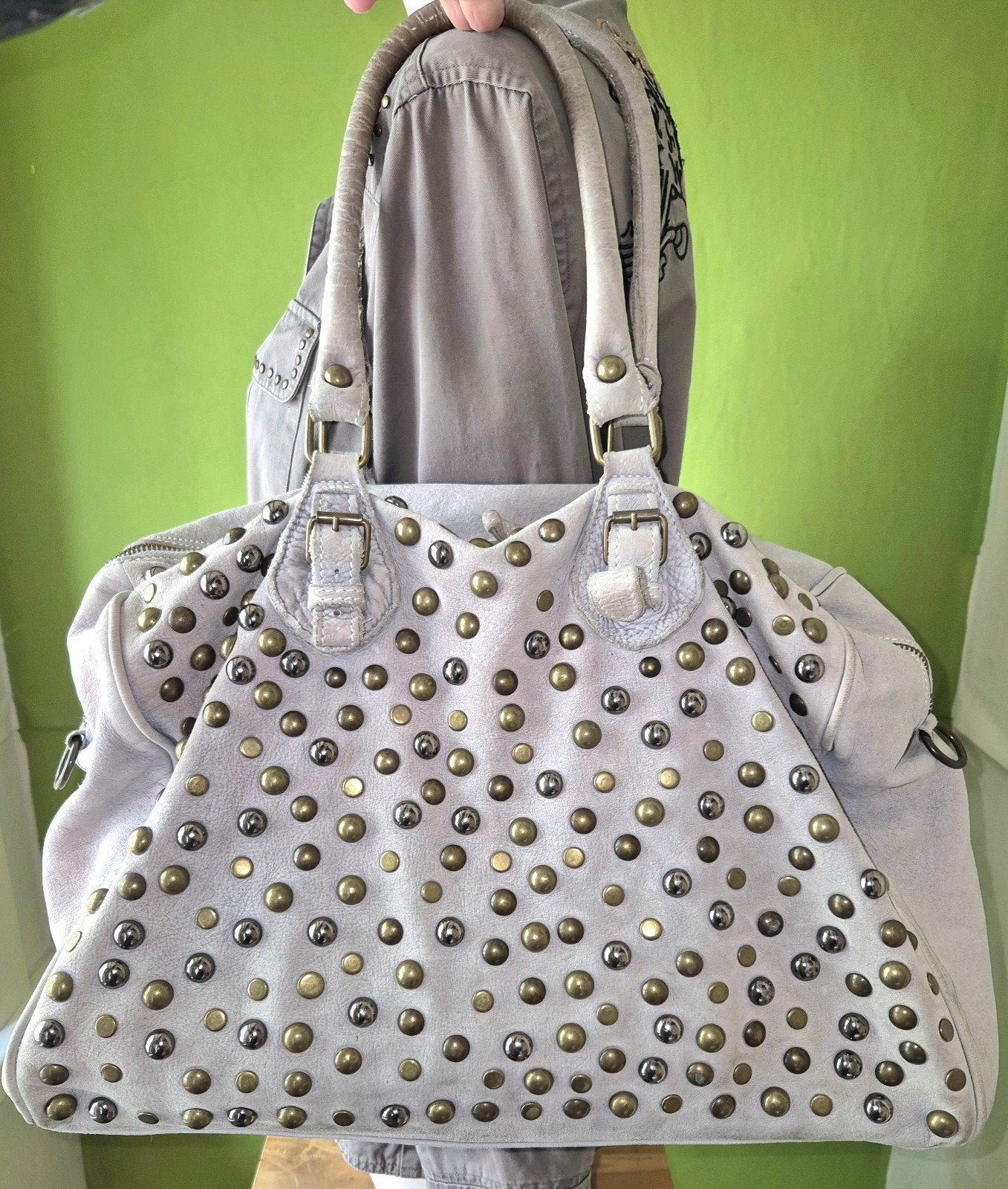 Trendy Studded Tas - Grijs/Beige Eyecatcher, Ophalen of Verzenden, Gebruikt, Grijs, Handtas