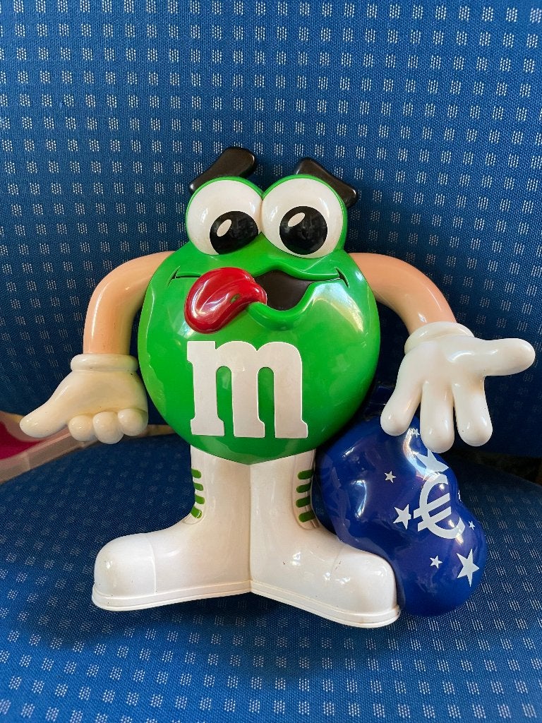 M&M groen figuur met geldzak Spaarpot, Verzamelen, Ophalen of Verzenden, Zo goed als nieuw