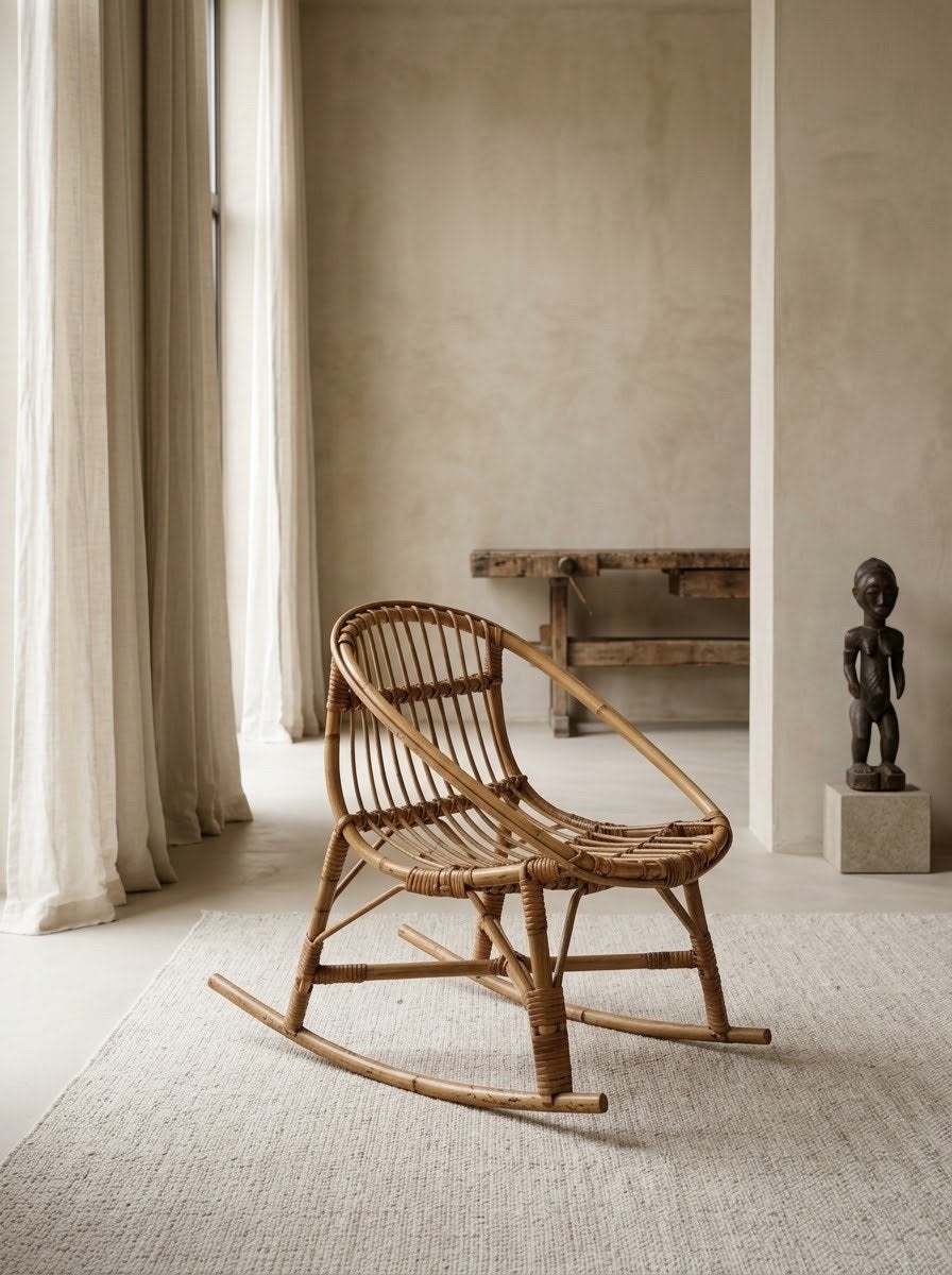 Vintage rotan kinderschommelstoel ‘60s, Bruin, Riet of Rotan, Ophalen of Verzenden, Zo goed als nieuw