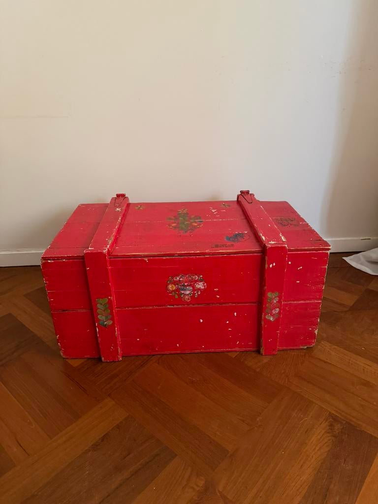 Vintage houten speelgoedkist / dekenkist – handbeschilderd, Ophalen, Gebruikt, 50 tot 100 cm, Minder dan 50 cm