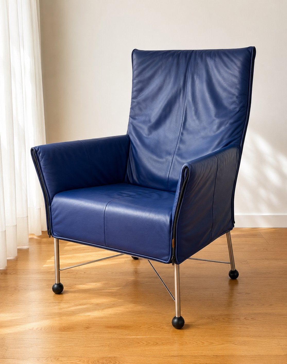 Montis Charly fauteuil, Gerard vd Berg, Elmo leer, blauw, Ophalen, Zo goed als nieuw, 50 tot 75 cm, Leer