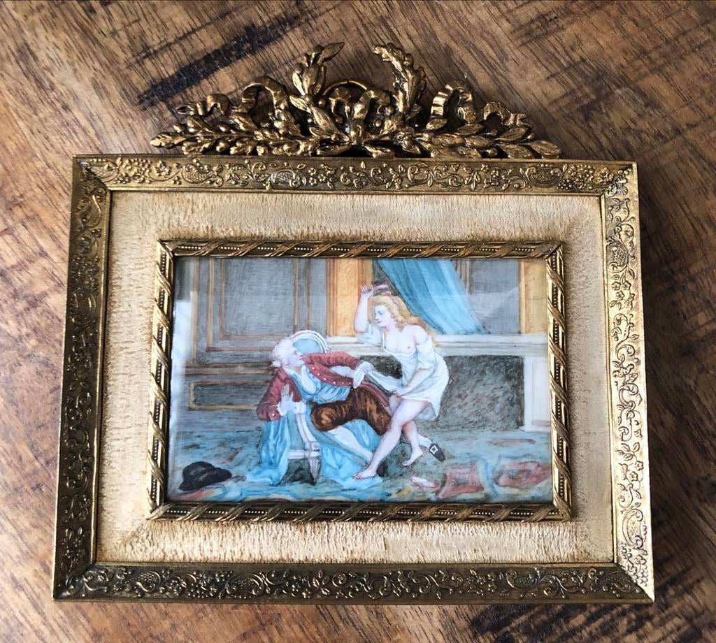 Antiek miniatuur schilderij in vergulde lijst, Ophalen of Verzenden