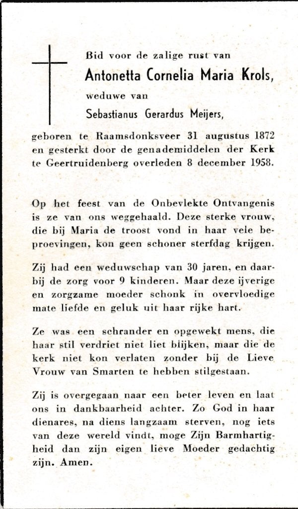 Krols Antonetta 1872 Raamsdonkveer 1958 Geertruidenberg, Verzamelen, Ophalen, Bidprentje