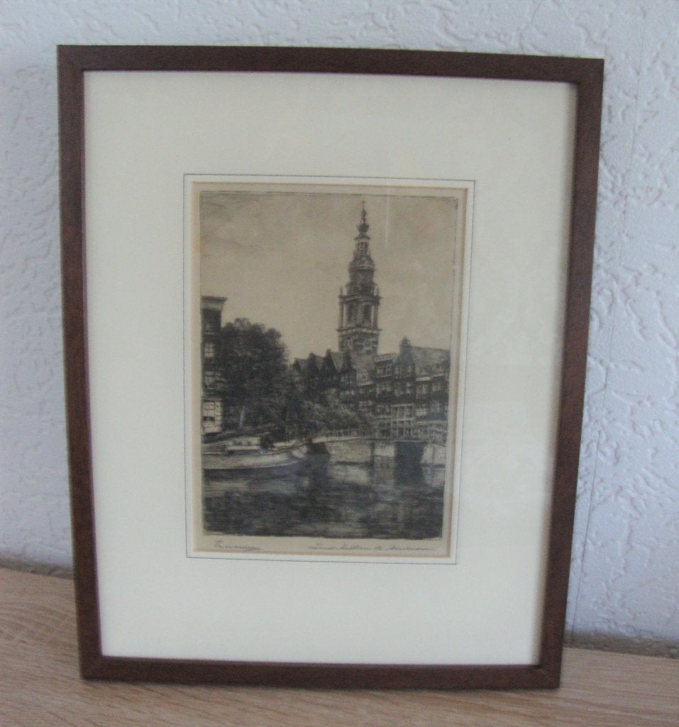 Ets van de Zuiderkerktoren in Amsterdam - Jan Zwerver, Ets, Stadsgezicht, 23 cm, Ophalen of Verzenden