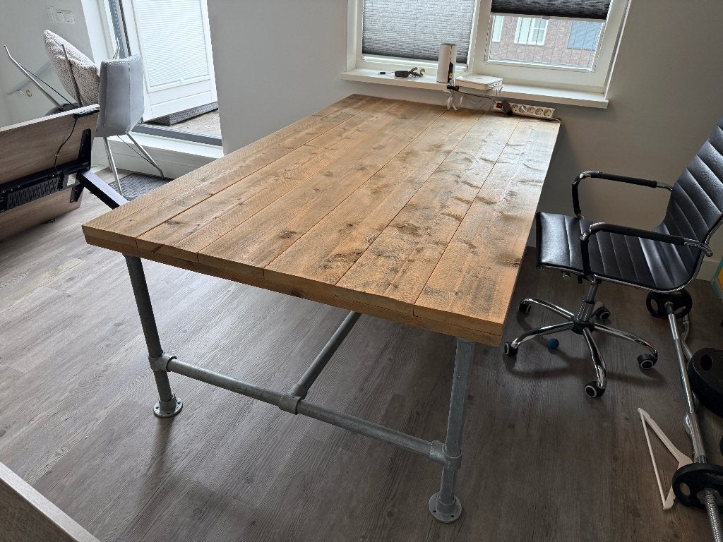 Tafel + Bank van steigerhout, Huis en Inrichting, Tafels | Eettafels, Ophalen, Gebruikt, 100 tot 150 cm, 200 cm of meer