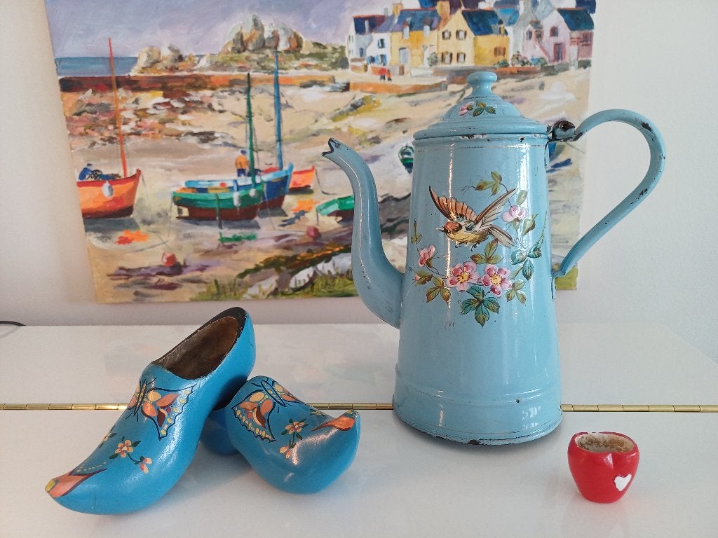 Blauwe Franse koffiepot met dik opgelegde putter, Antiek en Kunst, Ophalen of Verzenden