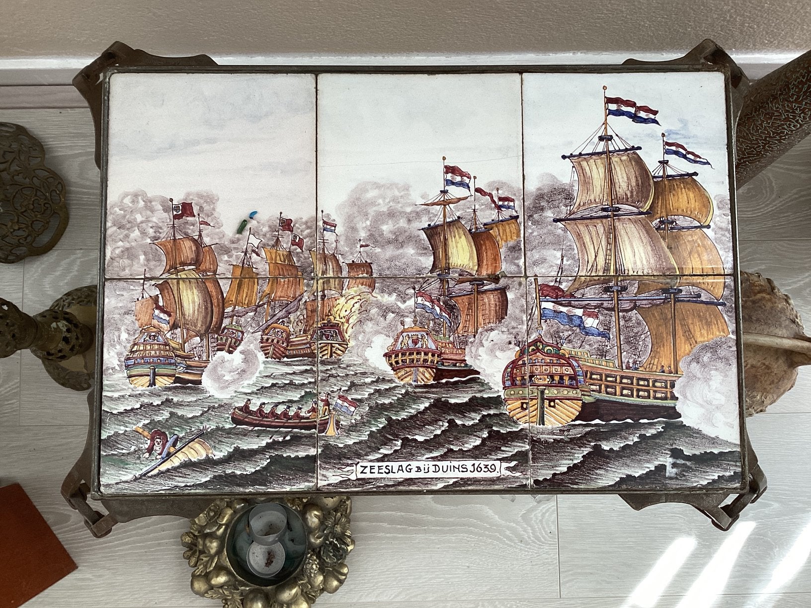 Zeeslag bij Duins  1639./ 40x27 cm  tafel hoog 35 cm, Antiek en Kunst, Ophalen of Verzenden