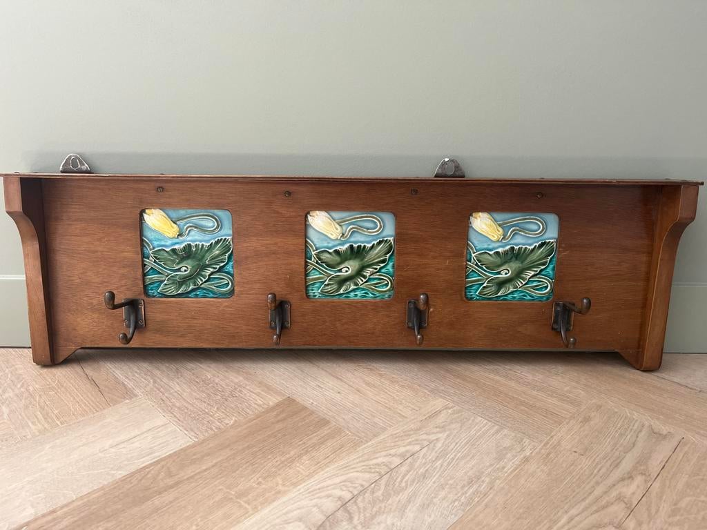 Antieke Art Nouveau Houten Wandkapstok met Tegels, Ophalen of Verzenden