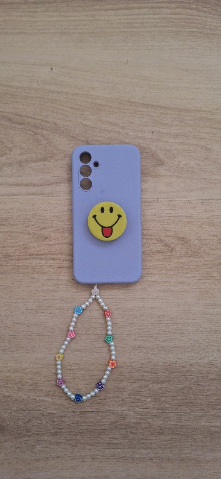 Samsung A54 hoesje lila met smiley popsocket en bloemenkoord, Ophalen of Verzenden, Zo goed als nieuw, Overige modellen, Hoesje of Tasje