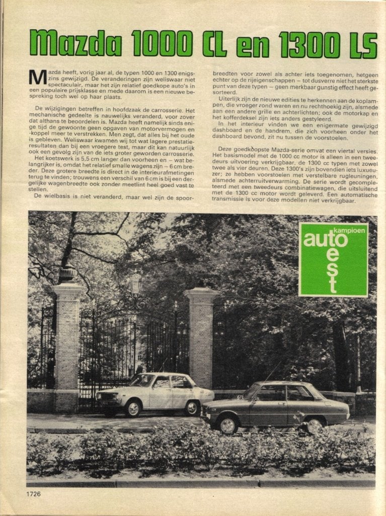 Autokampioen dubbeltest Mazda 1000 CL en Mazda 1300 LS 1975, Boeken, Ophalen of Verzenden, Gelezen, Mazda