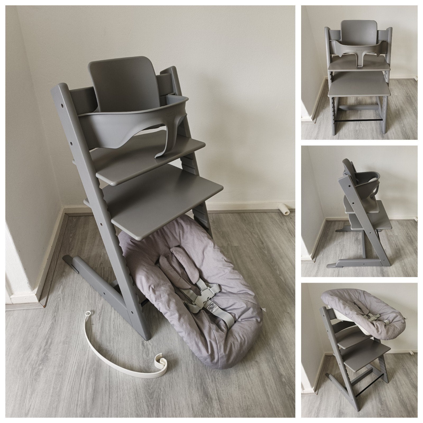 ZGAN!Stokke Tripp Trapp storm grey+babyset,2 standen newborn, Kinderen en Baby's, Meegroeistoel, Ophalen of Verzenden, Zo goed als nieuw