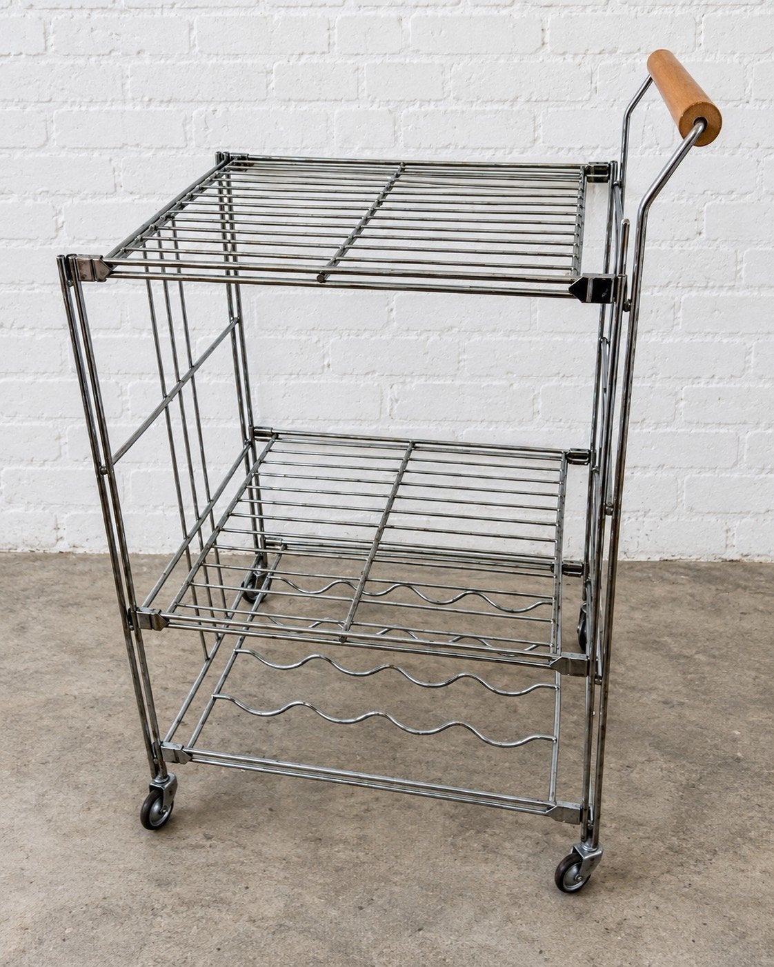 Vintage chromen serveerwagen / bartrolley met wijnrek, Ophalen, Gebruikt, Metaal