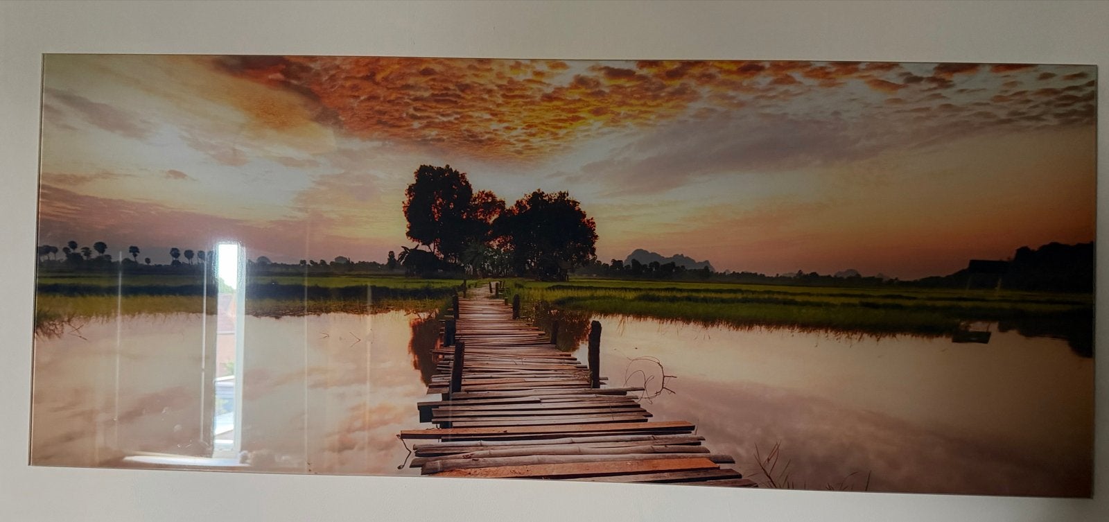 Schilderij zonsondergang met houten brug, Ophalen, Glas, Ophangklaar, Landschap