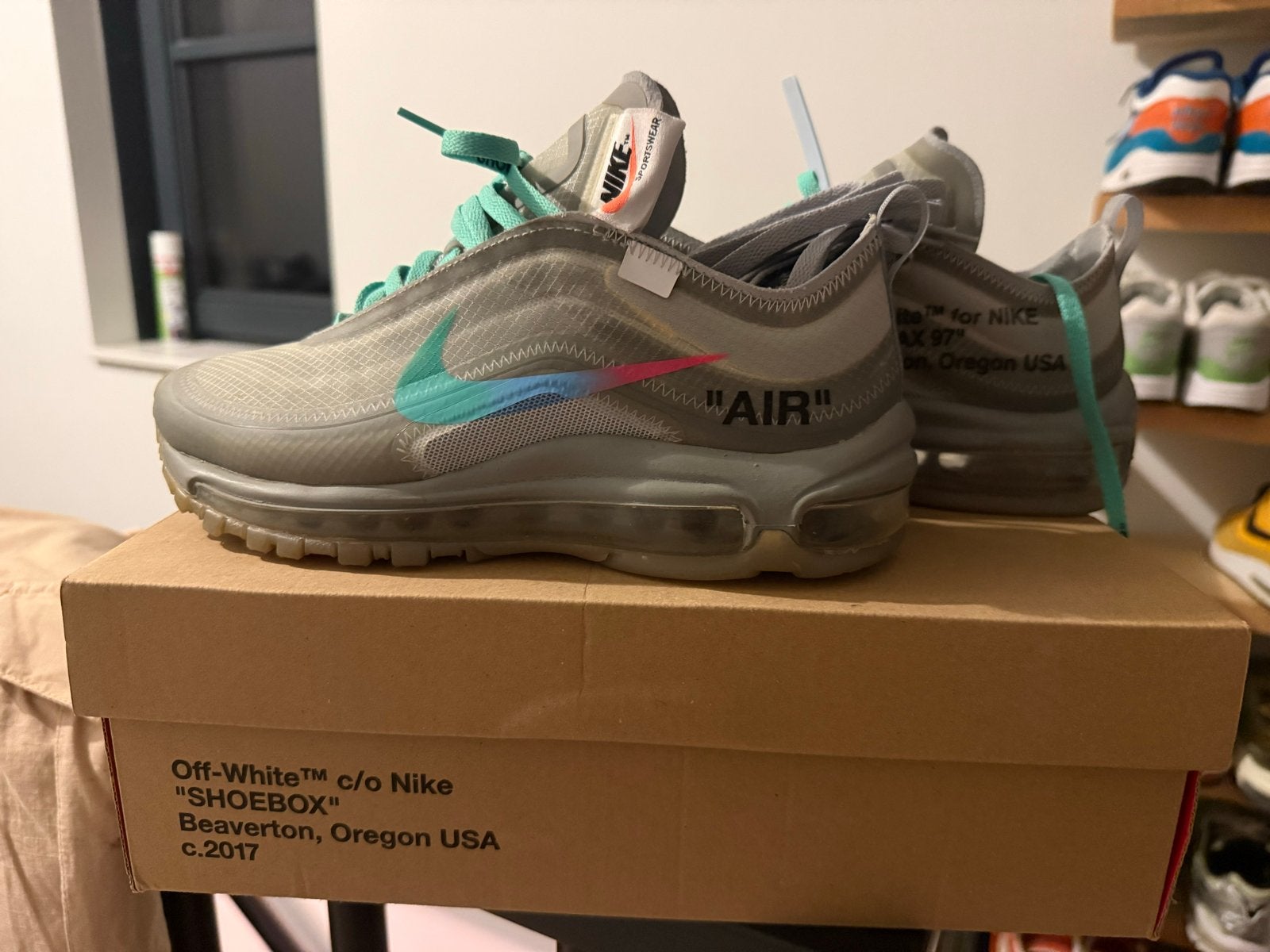 Nike Air Max 97 Off-White Menta - Maat 38, Kleding | Dames, Ophalen of Verzenden, Zo goed als nieuw, Grijs, Sneakers of Gympen