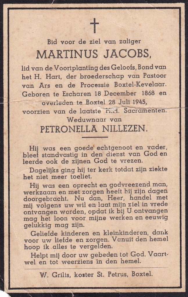 Jacobs Martinus 1868 Escharen 1945 Boxtel, Ophalen of Verzenden, Bidprentje