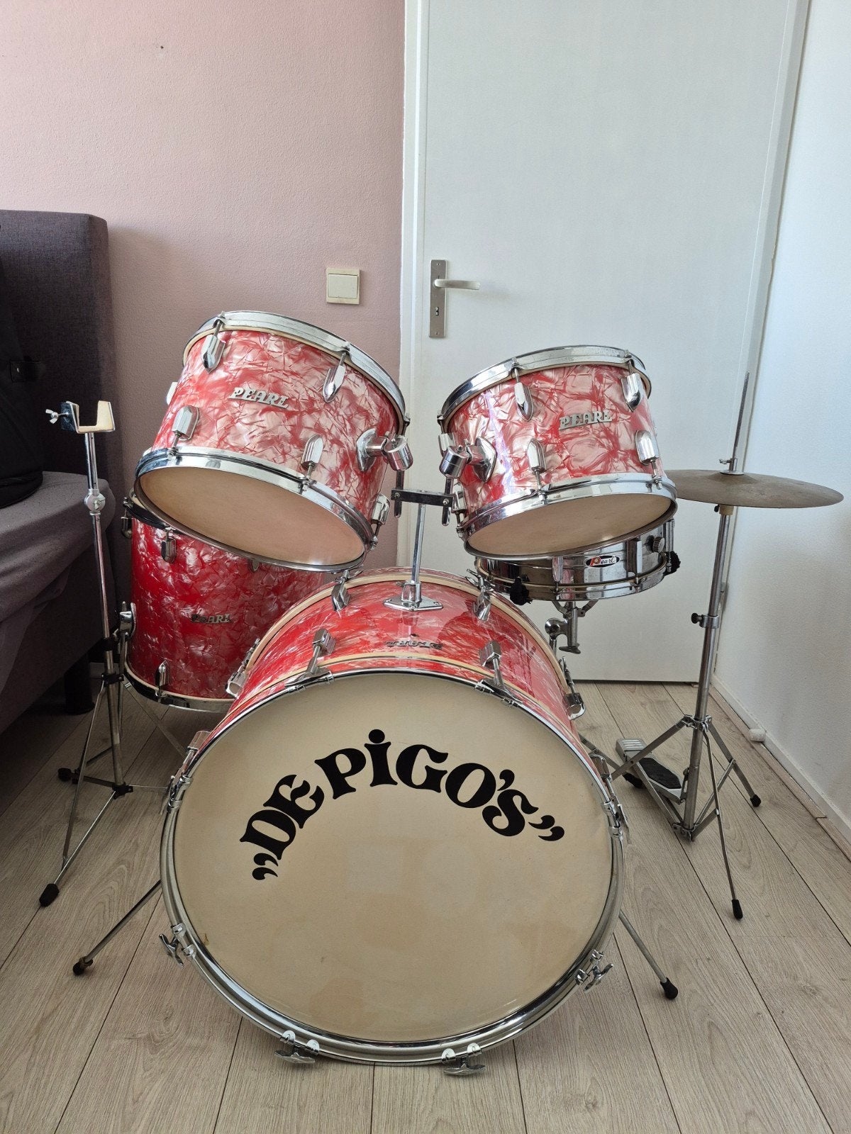Vintage Pearl Japan Drumstel – Pink Oyster Wrap (jaren ’60), Ophalen, Zo goed als nieuw, Pearl