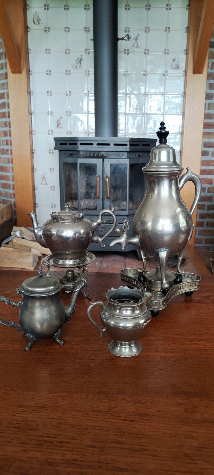 Antiek verzilverd theeservies met theestoof, Antiek en Kunst, Antiek | Goud en Zilver, Ophalen of Verzenden, Zilver