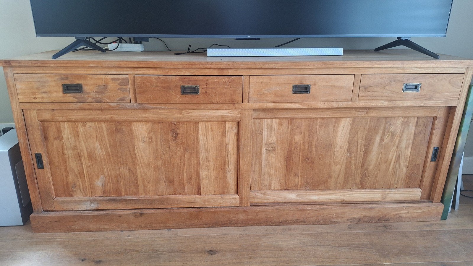 Massief teakhouten dressoir met lades en deuren, Huis en Inrichting, Kasten | Dressoirs, Ophalen, Gebruikt, 150 tot 200 cm, Landelijk, Modern