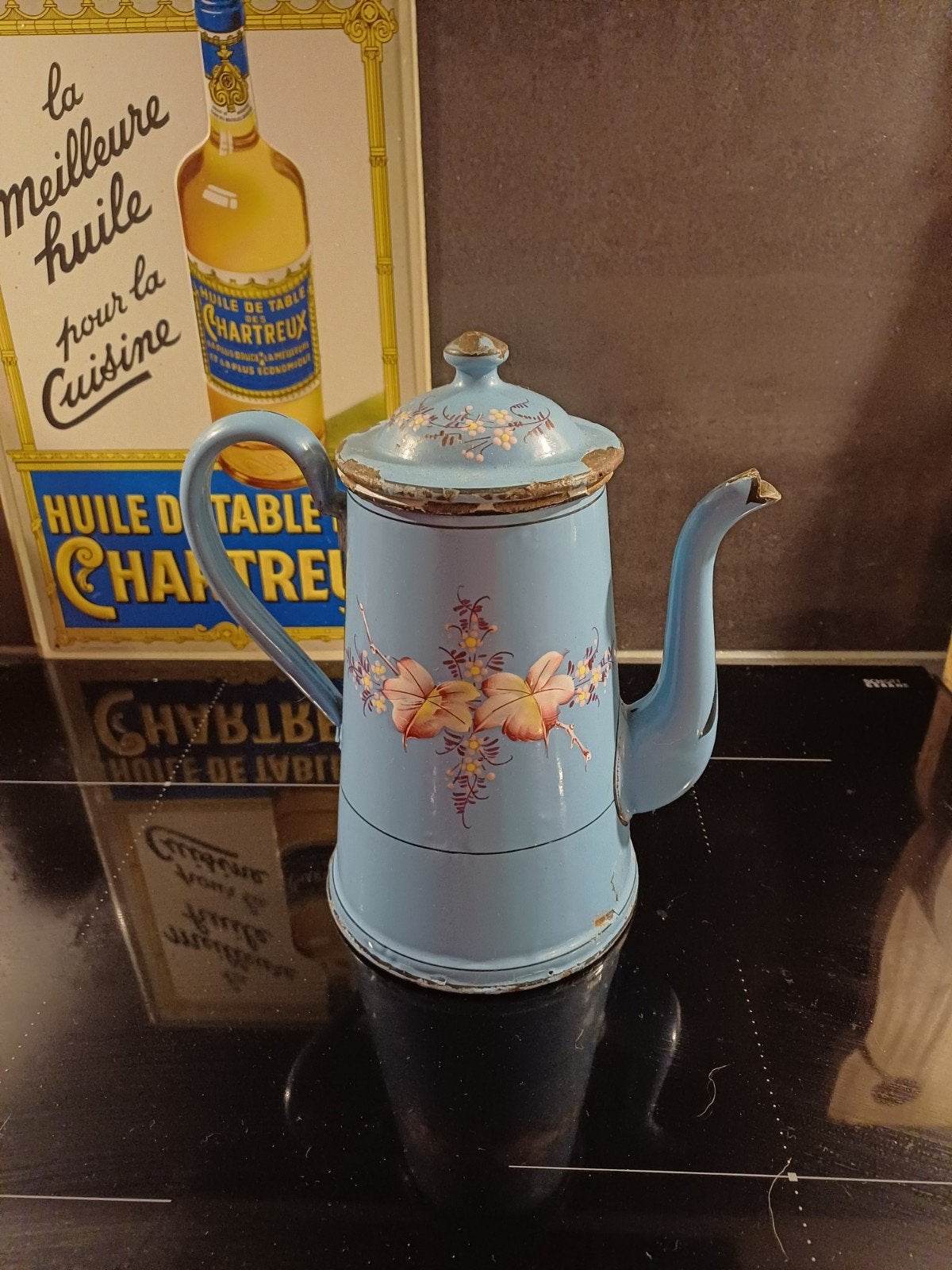 Antieke Franse emaille Koffiepot lavendel blauw en bloemen, Verzenden