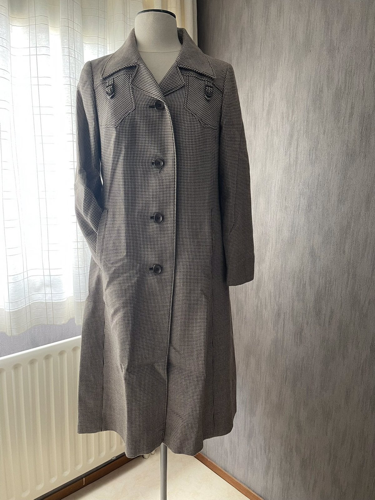 Vintage Mooie Mantel/Jas/Coat/ Pied de Poule/Houndstooth, Ophalen of Verzenden, Gedragen, Maat 38/40 (M), Bruin
