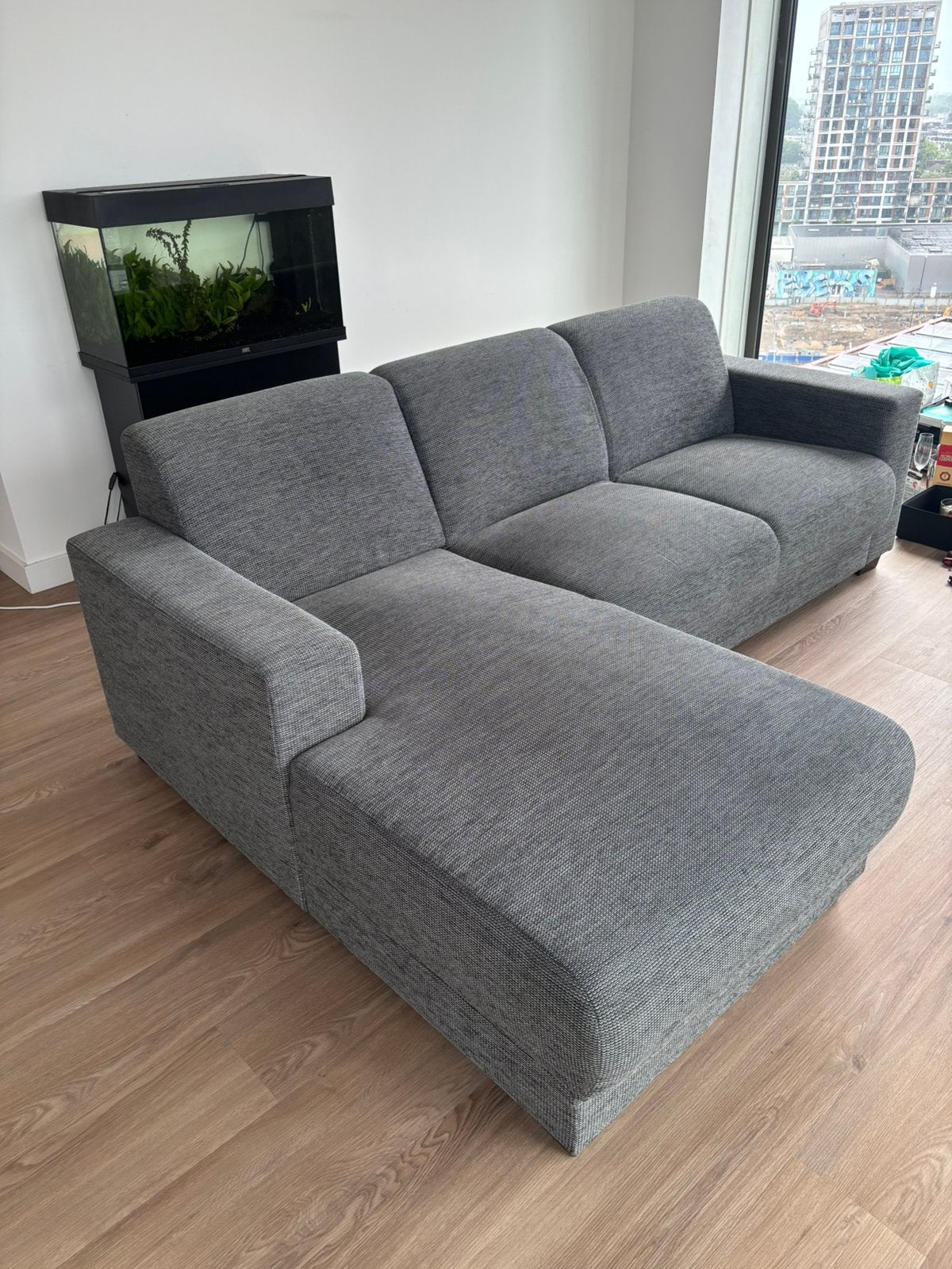 Grijze hoekbank met chaise longue (Leen Bakker Aberdeen), Ophalen, 100 tot 125 cm, Hoekbank, Driepersoons