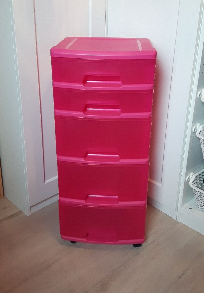 Fuchsia kunststof stevig rek op wielen met 5 ladeboxen, Huis en Inrichting, Kasten | Ladekasten, 5 laden of meer, Ophalen of Verzenden