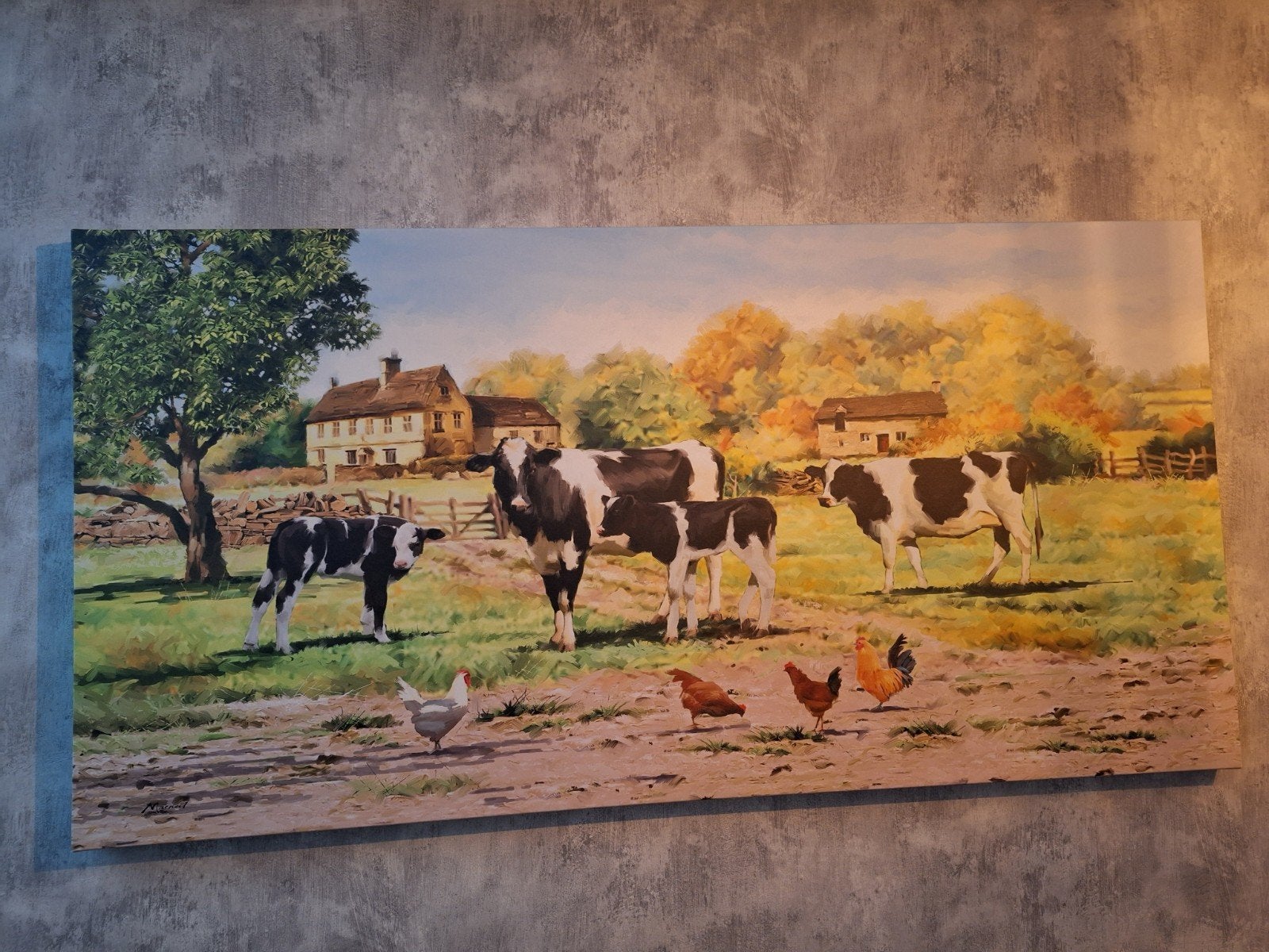 Schilderij Boerderijtafereel met Koeien en Kippen, Ophalen, Zo goed als nieuw, Print