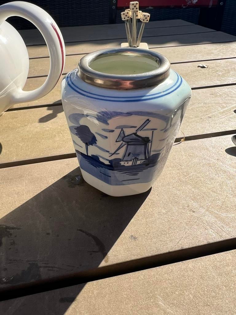 Delfts Blauw Lepelvaasje met Zilveren Rand - Handgeschilderd, Antiek en Kunst, Ophalen of Verzenden
