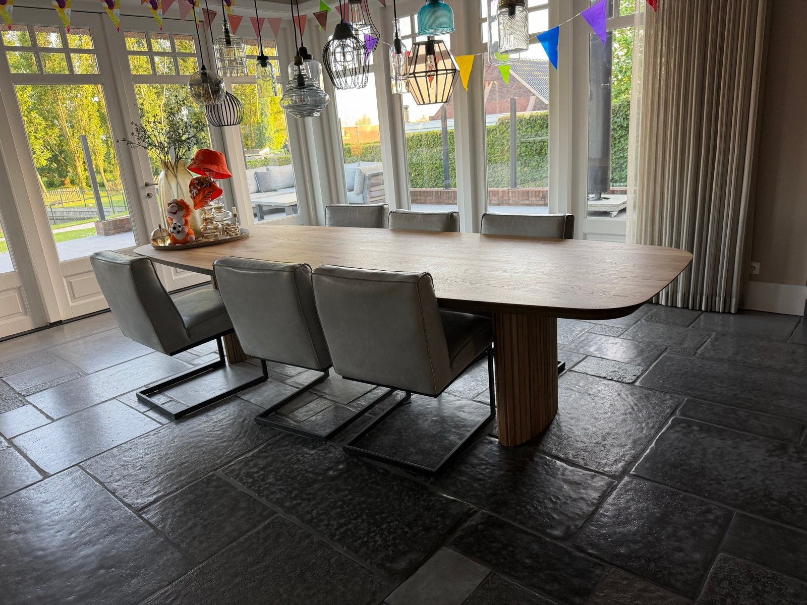 Set van 6 of 4 Fred de la Bretoniere eetkamerstoelen, Huis en Inrichting, Stoelen, Ophalen, Leer, Zo goed als nieuw, Grijs