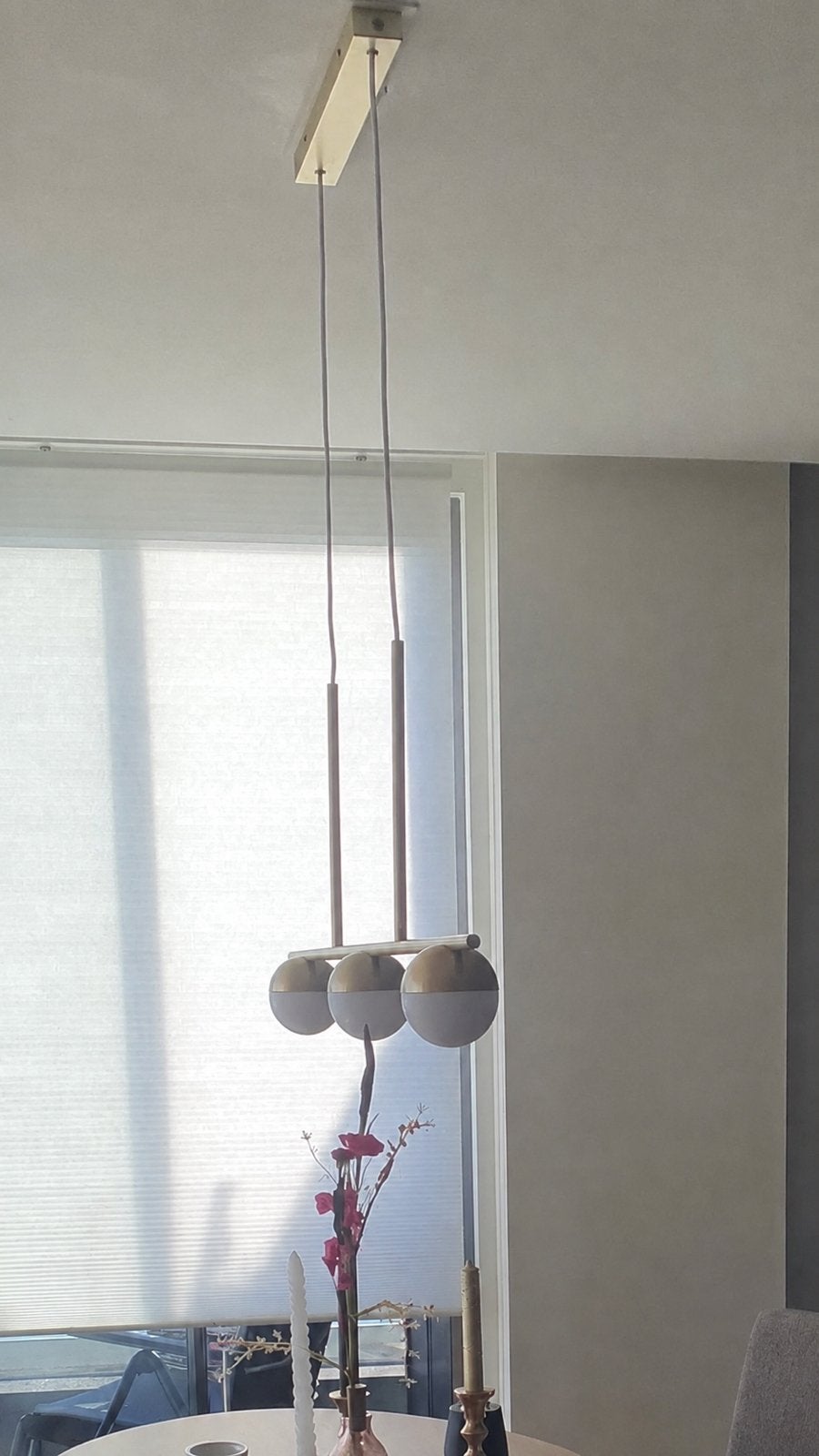 Nordlux hanglamp boven tafel, goudkleurig met 3 bollen, Ophalen, Gebruikt, Metaal, G9