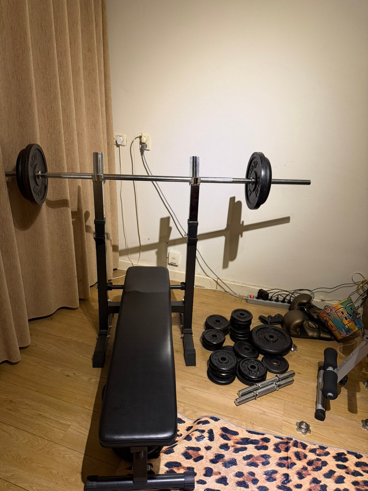 Halterset compleet fitness home gym bankdruk, Sport en Fitness, Ophalen, Zo goed als nieuw, Halterset