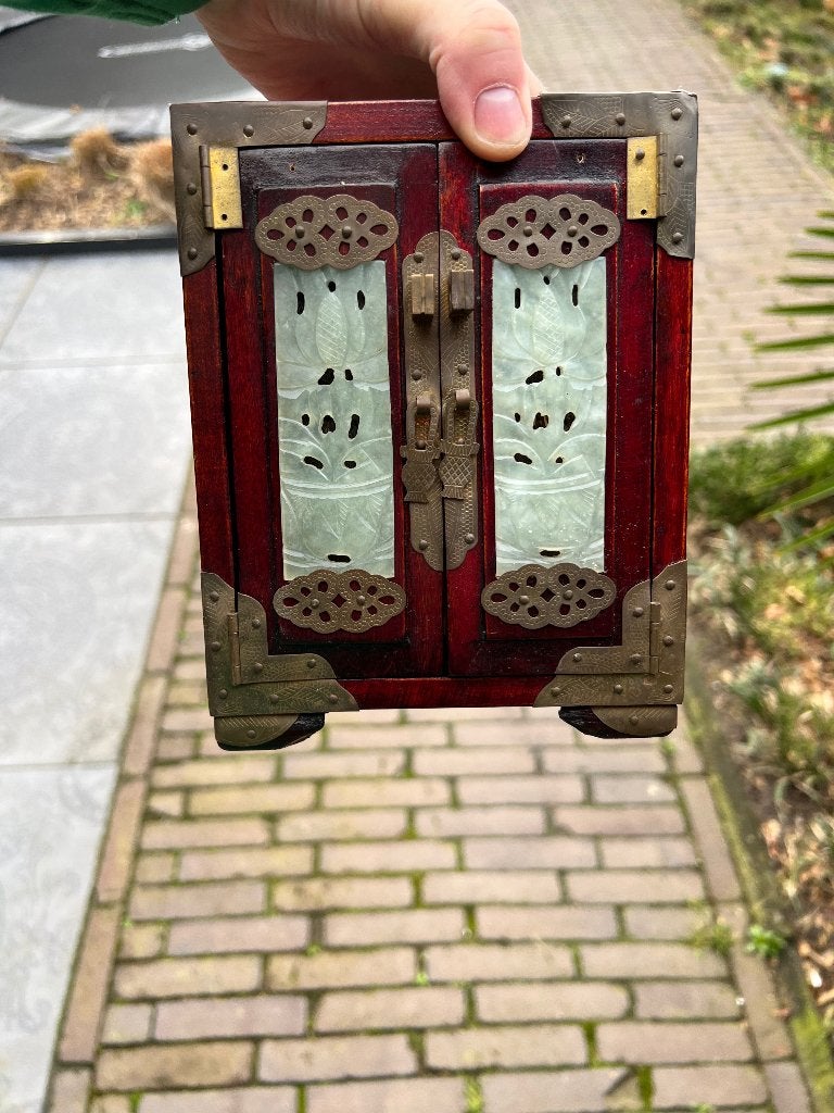 Chinees sieradenkastje jade chinese kist kast sieraden 18 cm, Hout, Bruin, Doos, Ophalen of Verzenden