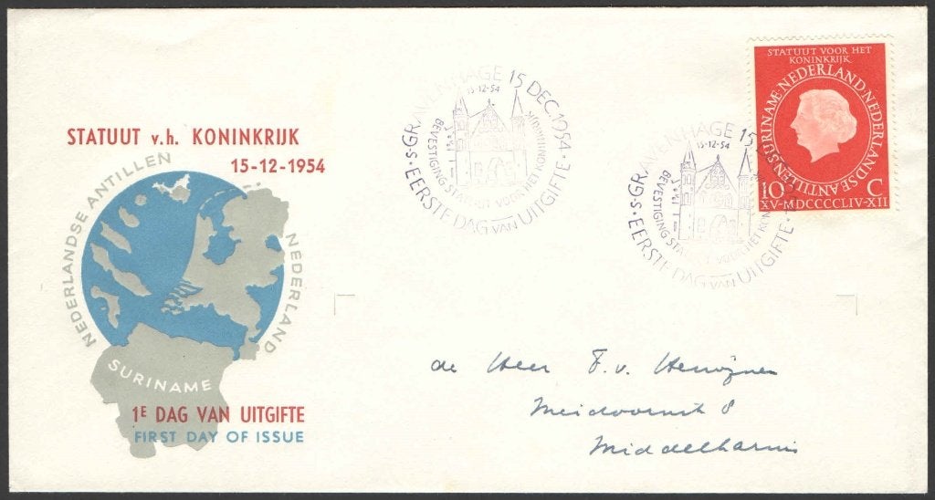 Nederland FDC E20 Met Adres, Statuut van het koninkrijk 1954, Postzegels en Munten, Ophalen of Verzenden, Beschreven, Nederland