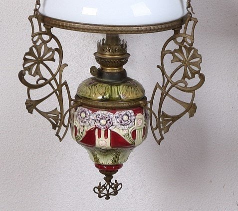 Antieke majolica lamp hanglamp, olielamp, origineel igs, Ophalen