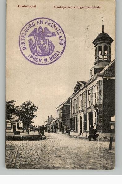 Dinteloord Oostzijstraat +Gemeentehuis st 1955(kaart=ouder), Ophalen of Verzenden, 1920 tot 1940, Gelopen, Noord-Brabant