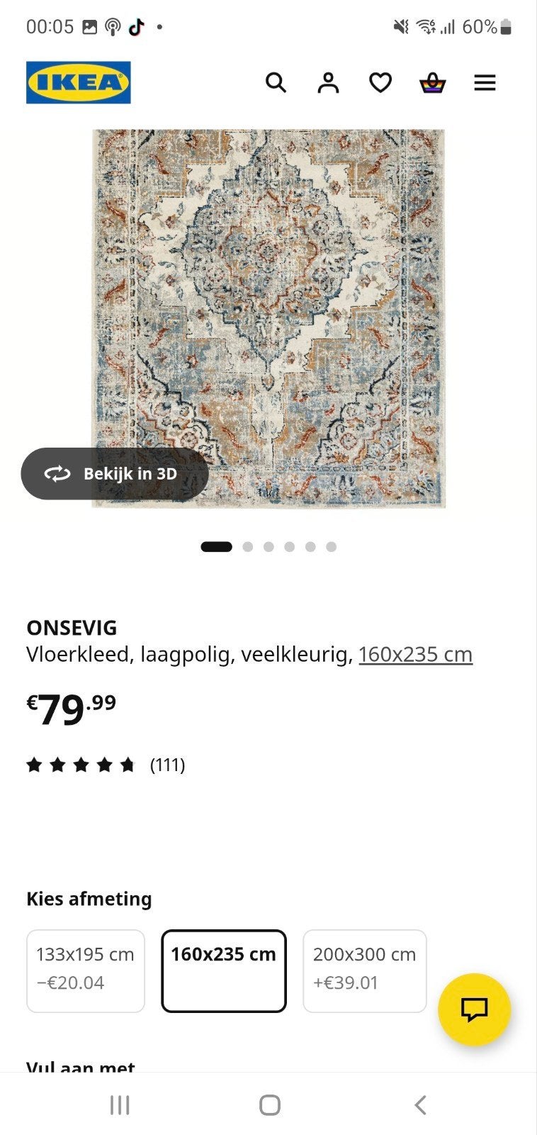 IKEA ONSEVIG Vloerkleed, laagpolig, veelkleurig, 160x235 cm, 150 tot 200 cm, 200 cm of meer, Ophalen of Verzenden, Zo goed als nieuw