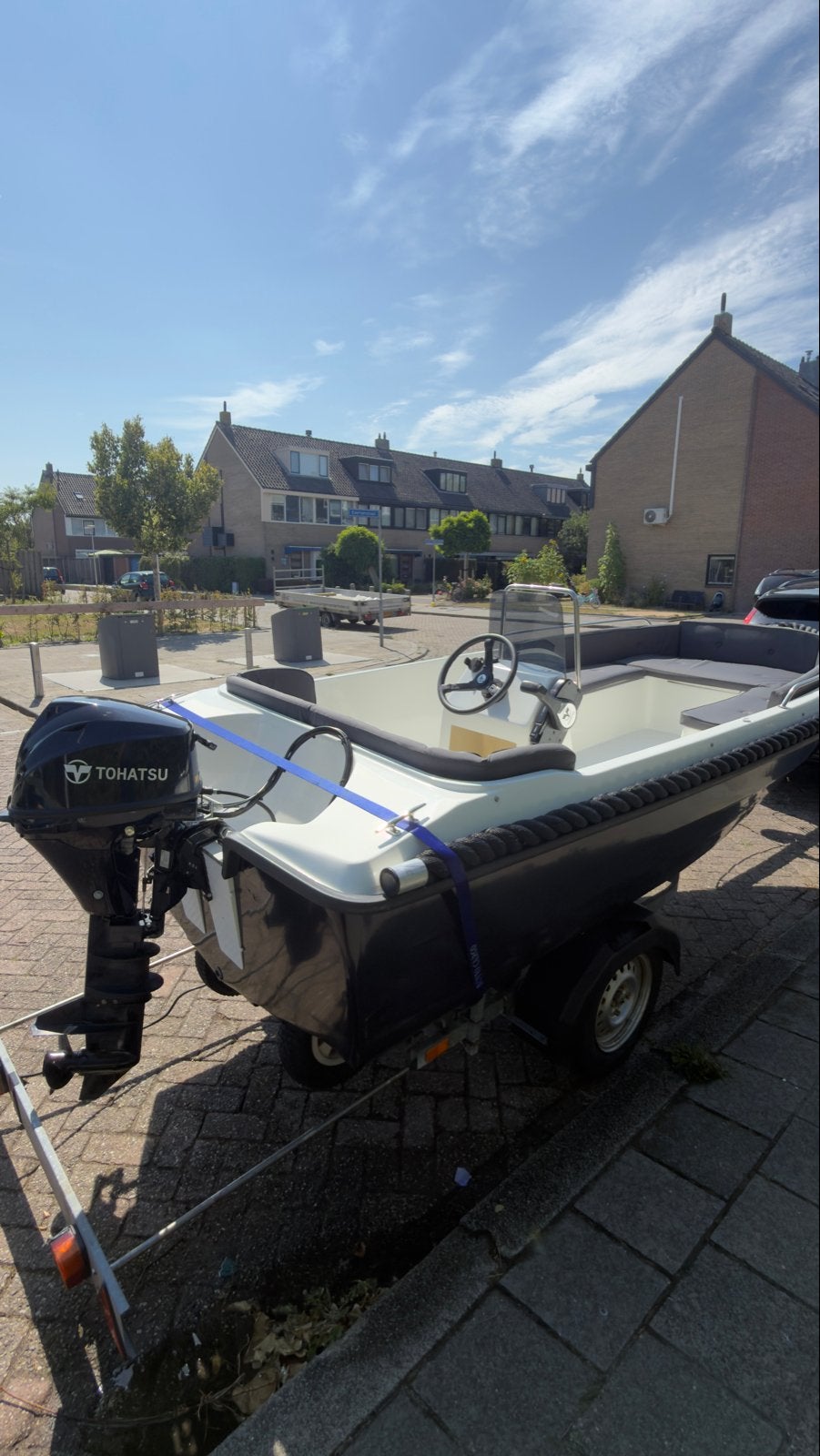 Seafinder 435 met Tohatsu 9.8PK en Freewheel kanteltrailer, Watersport en Boten, Overige merken, Gebruikt, Afdekzeil, Buitenboordmotor