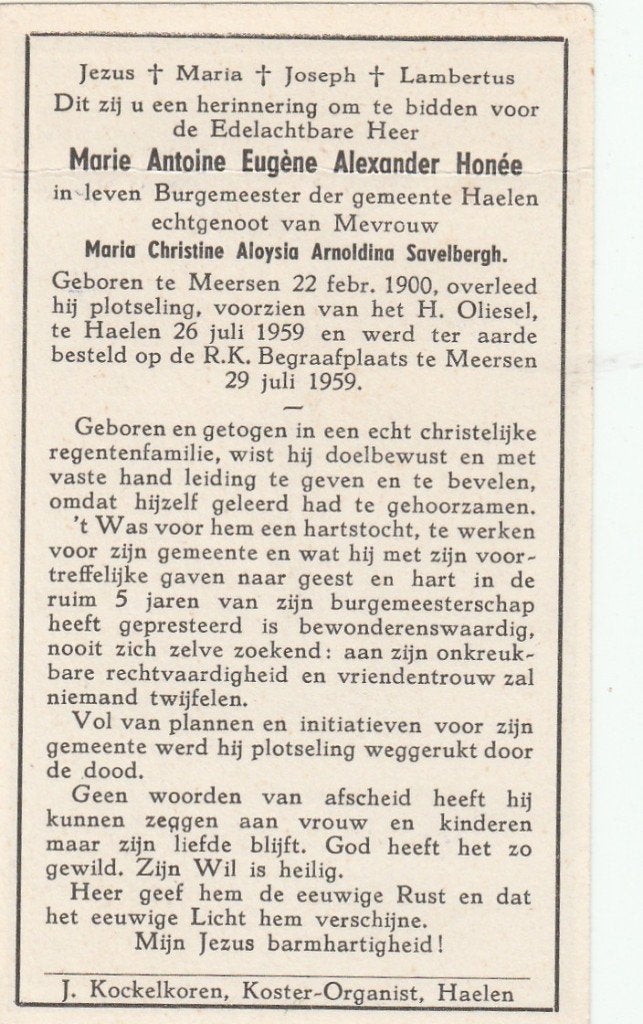burgemeester haelen-honée  -1959, Verzamelen, Ophalen of Verzenden, Bidprentje