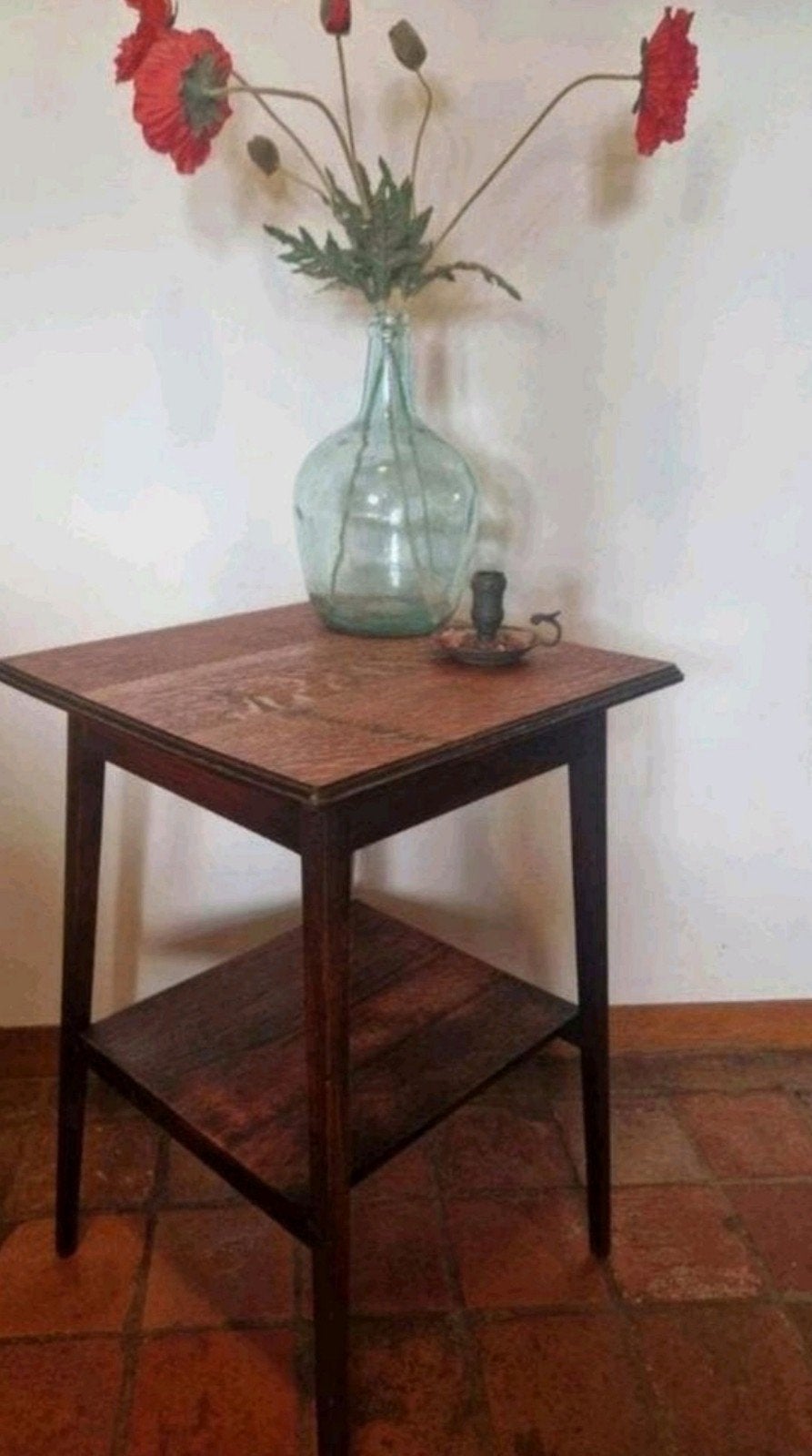 Sober strak eiken oude Hollandse bijzettafel muurtafeltje,, Ophalen, 25 tot 50 cm, Rechthoekig