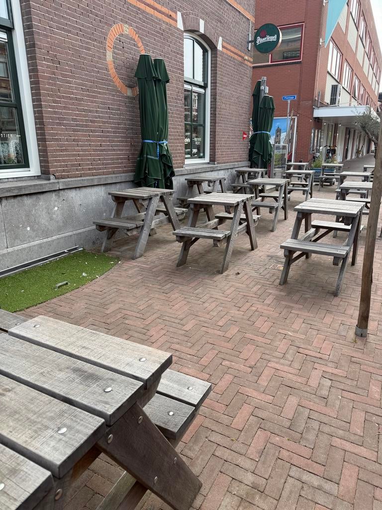 12x Robuuste houten picknicktafel - buiten, Tuin en Terras, Picknicktafels, Ophalen, Gebruikt, Rechthoekig, Hout