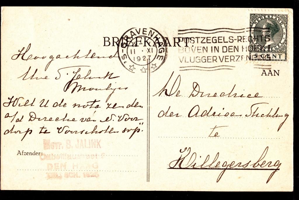 Briefkaart; 's-Gravenhage naar Hillegersberg op 11-11-1927., Ophalen of Verzenden, Briefkaart