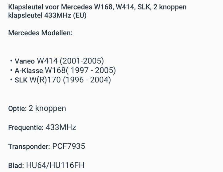 Klapsleutel Mercedes A-Klasse W168, 2 knoppen 433MHz, Nieuw, Info@autosleutelhoogeveen.nl, 7904 KJ, Ophalen