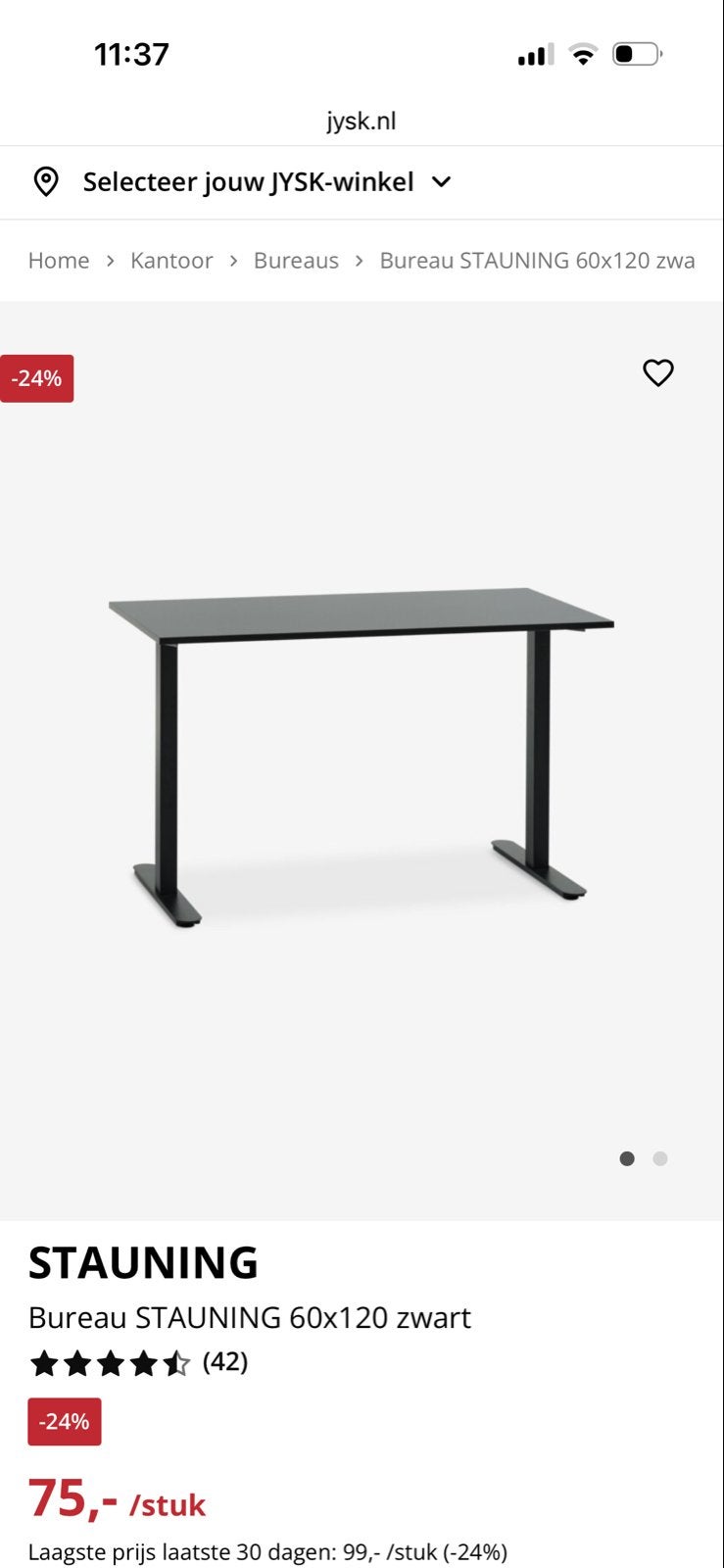 JYSK STAUNING Bureau 60x120 zwart, Huis en Inrichting, Ophalen, Zwart, Spaanplaat of MDF, Zo goed als nieuw
