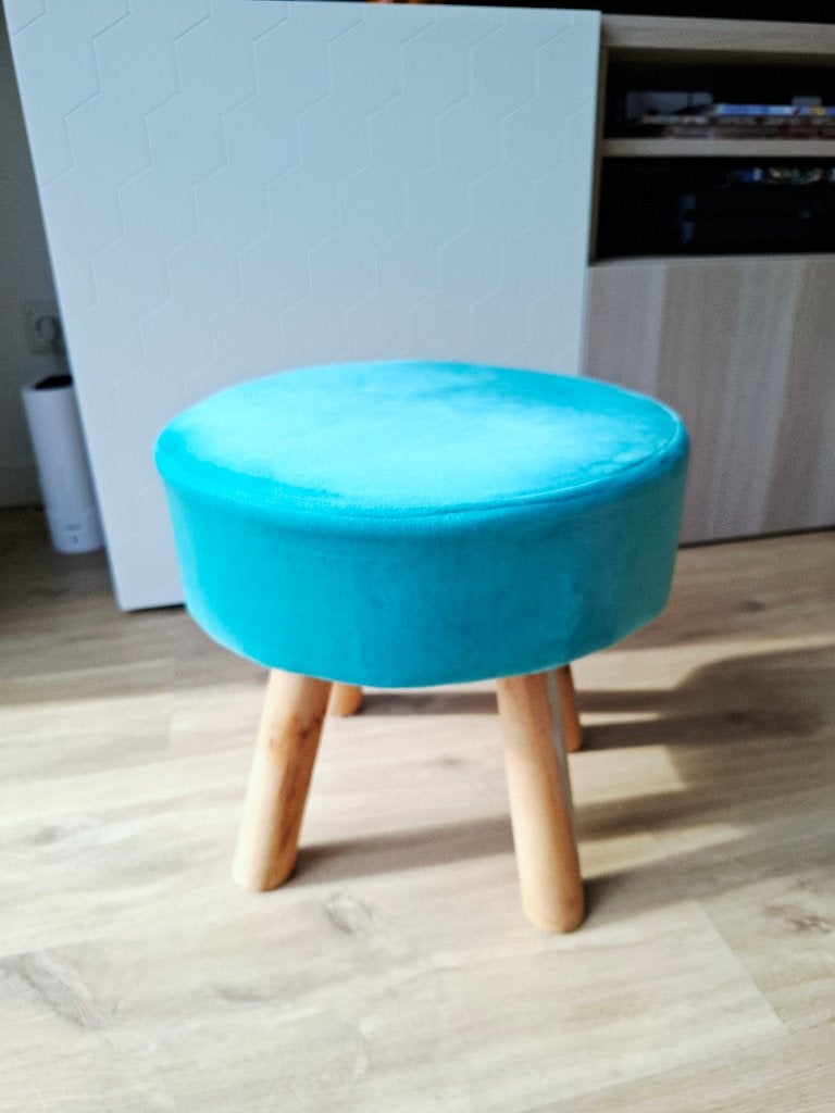 Turquoise velvet krukje met houten poten - Xenos, Ophalen, Hout, Minder dan 50 cm, Gebruikt