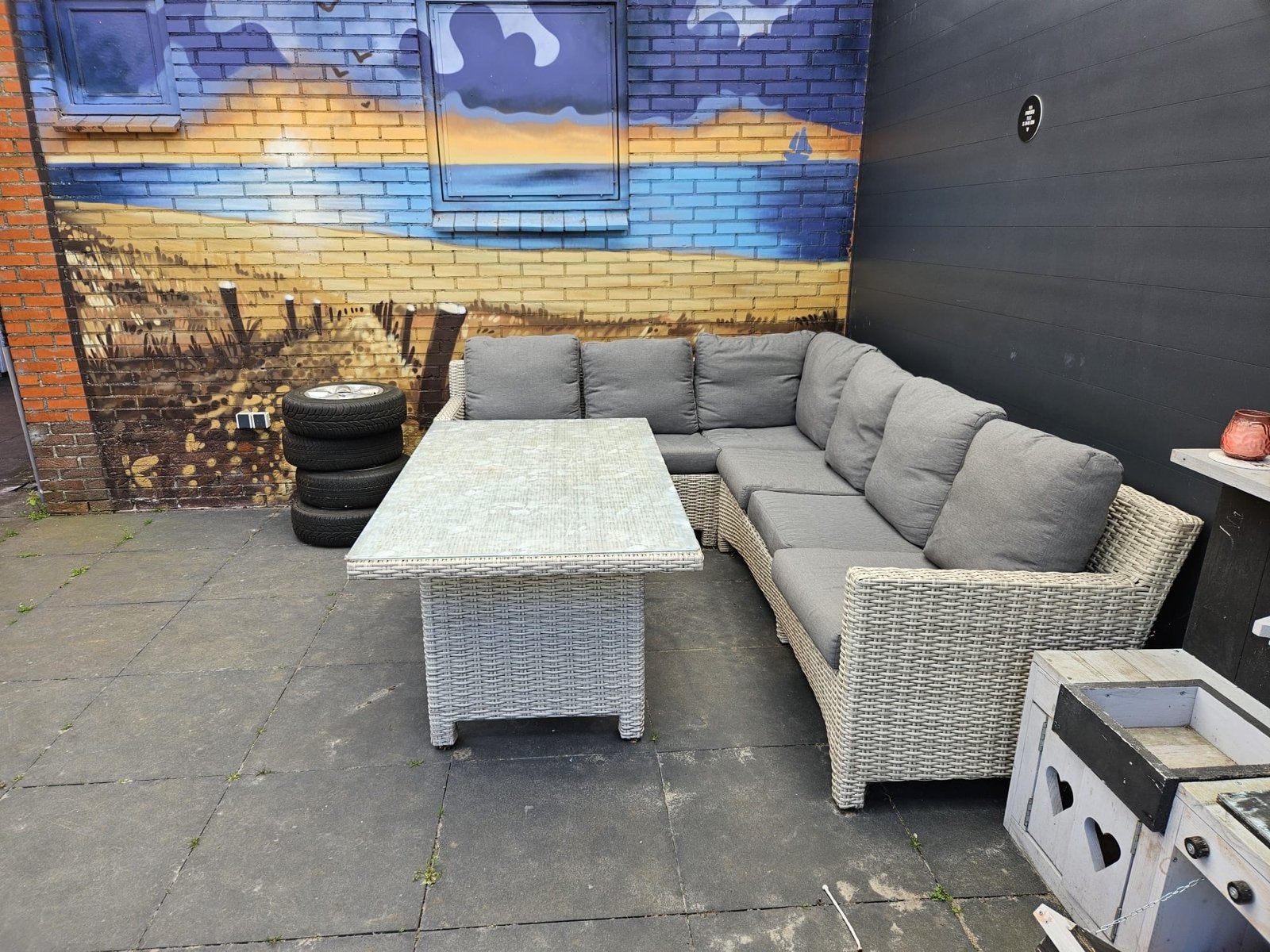 Wicker Loungeset met Tafel en Kussens, Ophalen, Loungeset, Wicker, Bank