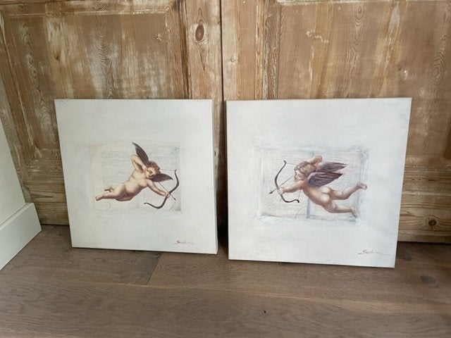 2 x schilderij Kerst Engeltjes / cupido / Raffaello. Sabine., Ophalen, Schilderij, Zo goed als nieuw, Natuurlijk materiaal