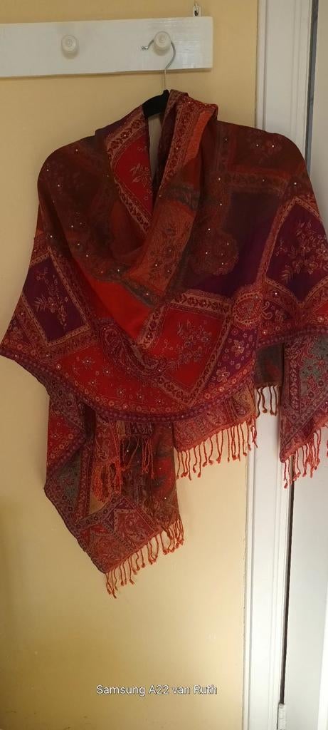 Warme wollen sjaal/stola uit Bali, rood/bruin met glitter, Ophalen of Verzenden